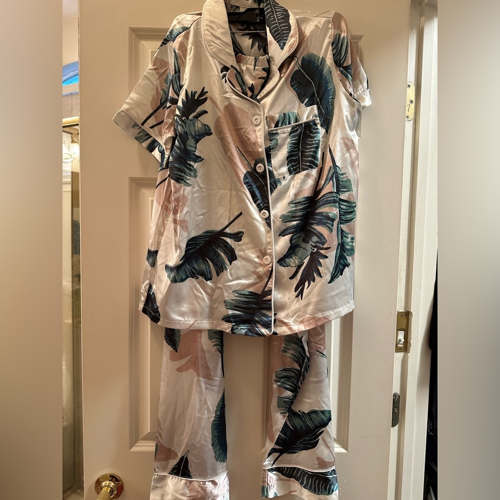 Tropical satin short sleeve button down with pants pajama set